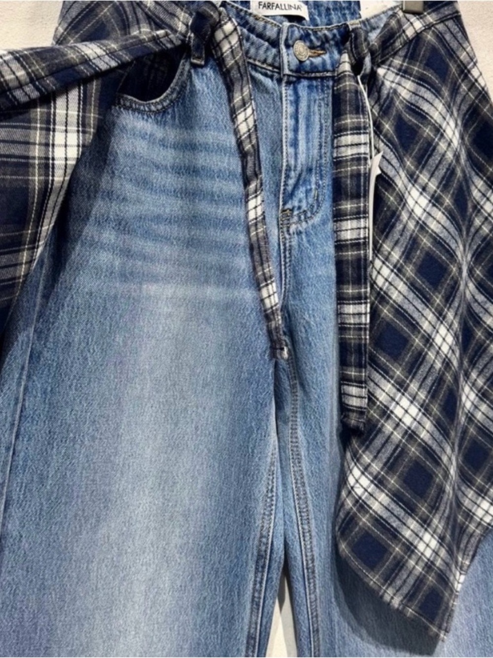 Blue Plaid Shirt Over Light Wash Wide Leg Jeans, from Italy - Picture 3 of 4